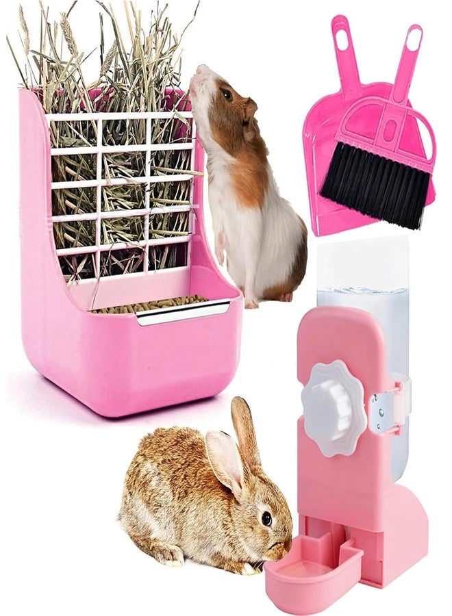 HERCOCCI Rabbit Hay Food Bin Feeder and Bunny Water Bottle Set, Hay Food Feeder Bowls Manger Rack with 500ml Hanging Water Dispenser Prevent Knock Over for Rabbit Guinea Pig Chinchilla (Large, Pink) - Image 1