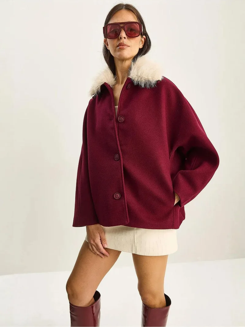 Bianco Lucci LUCCI Oversized Plush Coat with Fur Collar