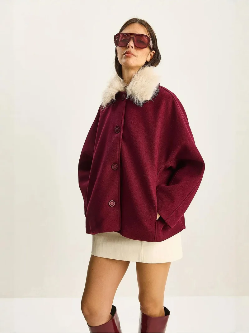 Bianco Lucci LUCCI Oversized Plush Coat with Fur Collar