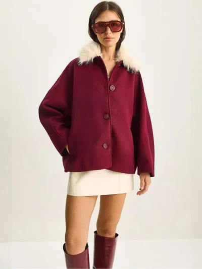 Bianco Lucci LUCCI Oversized Plush Coat with Fur Collar