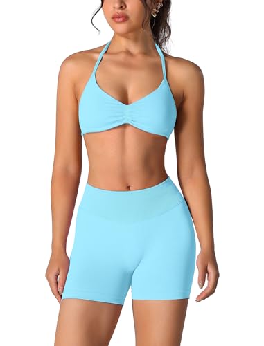 ABOCIW Workout Sets for Women 2 Piece Seamless Scrunch Butt Lifting High Waist Impact Gym Shorts Matching Halter Sports Bra Active Wear Yoga Outfits 1 Ice Blue Small - Image 1