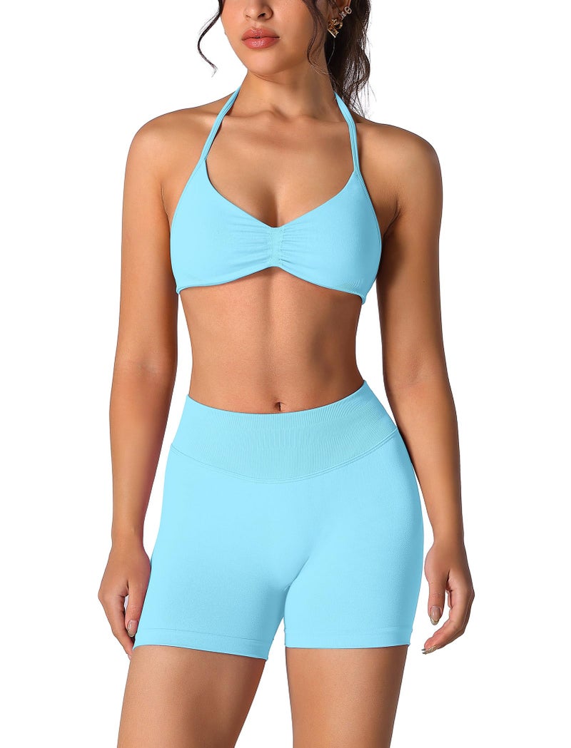 ABOCIW Workout Sets for Women 2 Piece Seamless Scrunch Butt Lifting High Waist Impact Gym Shorts Matching Halter Sports Bra Active Wear Yoga Outfits 1 Ice Blue Small - Image 2