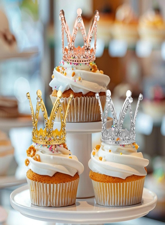 PEUTIER 3pcs Crown Cake Topper, Rhinestone Cake Toppers Cute Wedding Crowns Decorations Royal Cupcake Toppers Mini Crowns Cake Decor Silver Pink Gold Crown Decorations for Bouquets Party Wedding Birthday - Image 4