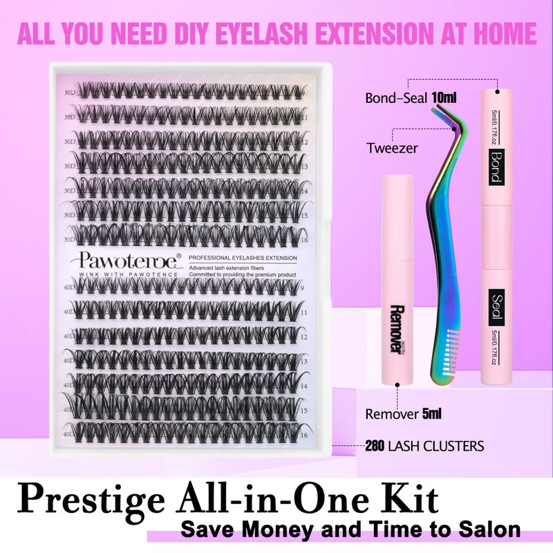 Pawotence Lash Extension Kit DIY 280pcs Individual 30D 40D Cluster, Eyelash Bond and Seal, Lash Remover & Tweezers for Self Use, Black (30D&40D, 9-16mm, All Kit) - Image 2