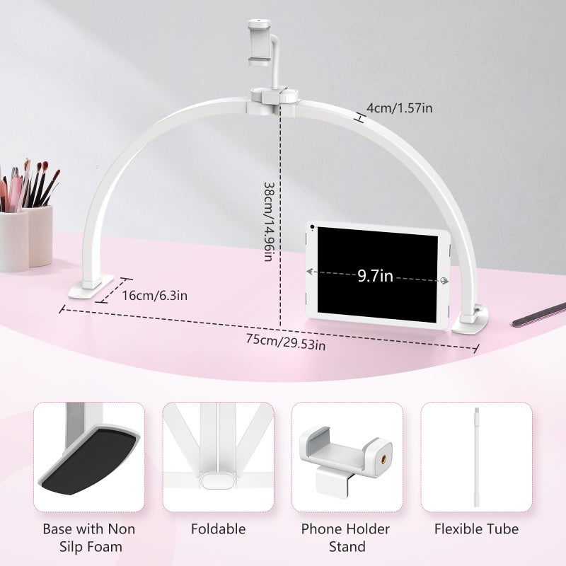 Yokilly Half Moon Light for Nail Desk: 29" Foldable Half Moon Desk Lamp with Phone Holder for Beginner - Arch Nail Tech Light with 3 Color Modes & 10 Brightness for Manicure Salon (White, Large) - Image 4