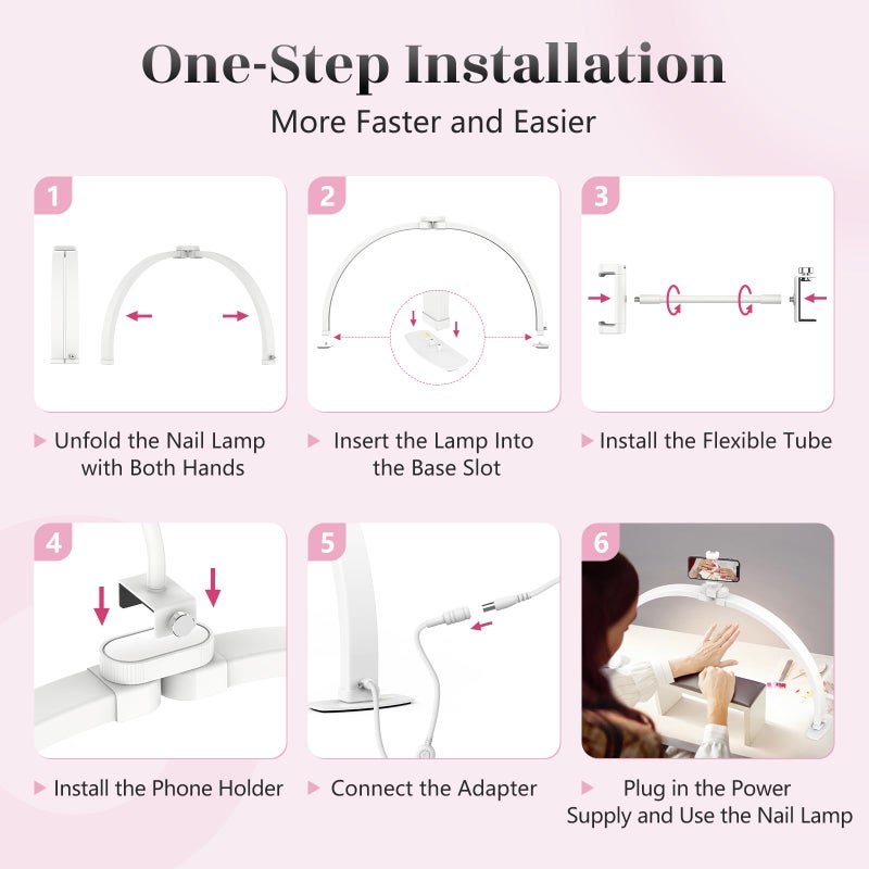 Yokilly Half Moon Light for Nail Desk: 29" Foldable Half Moon Desk Lamp with Phone Holder for Beginner - Arch Nail Tech Light with 3 Color Modes & 10 Brightness for Manicure Salon (White, Large) - Image 5