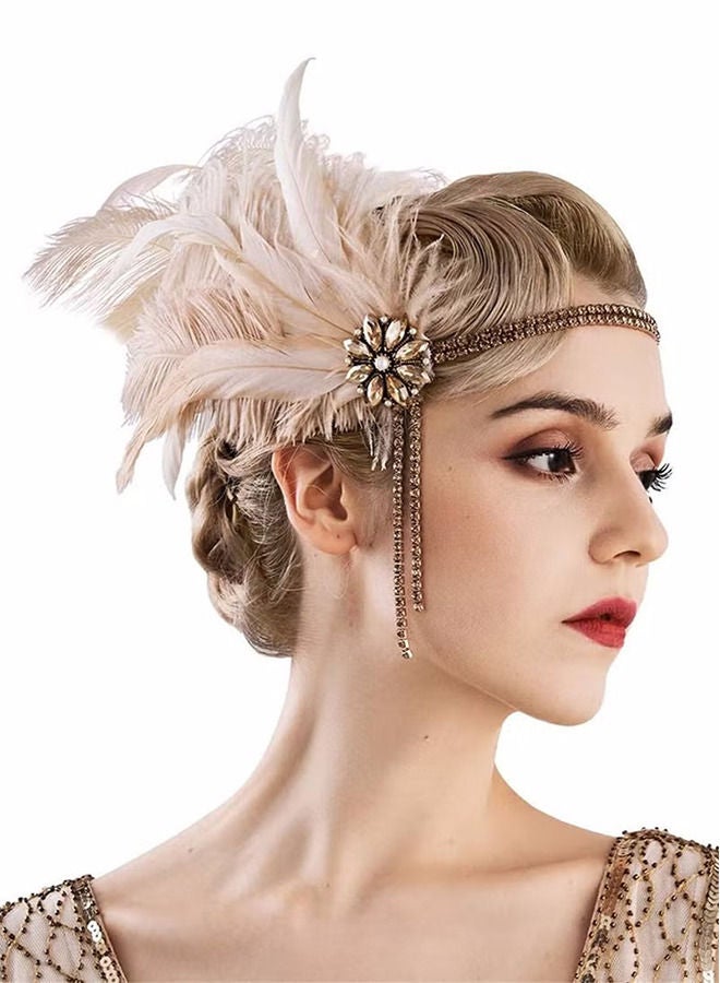 Depend 1920s Headpiece Flapper Headband, Rhinestone Pearl Feather Hair Band Great Gatsby Headpiece Accessoreis for Women, Art Deco Headpiece (Champagne) - Image 1