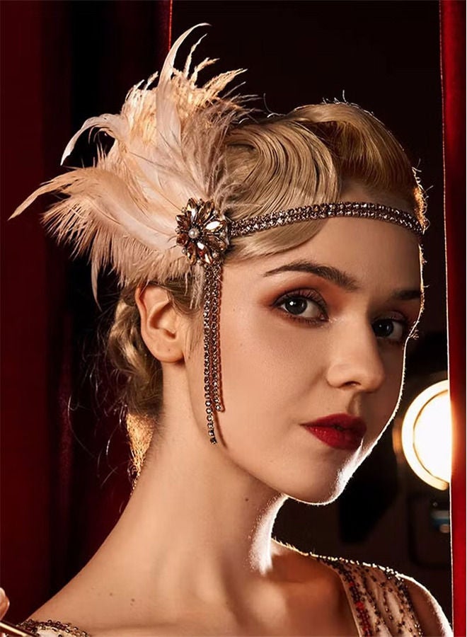Depend 1920s Headpiece Flapper Headband, Rhinestone Pearl Feather Hair Band Great Gatsby Headpiece Accessoreis for Women, Art Deco Headpiece (Champagne) - Image 3