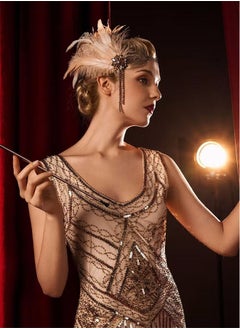 Depend 1920s Headpiece Flapper Headband, Rhinestone Pearl Feather Hair Band Great Gatsby Headpiece Accessoreis for Women, Art Deco Headpiece (Champagne)  - Image 4