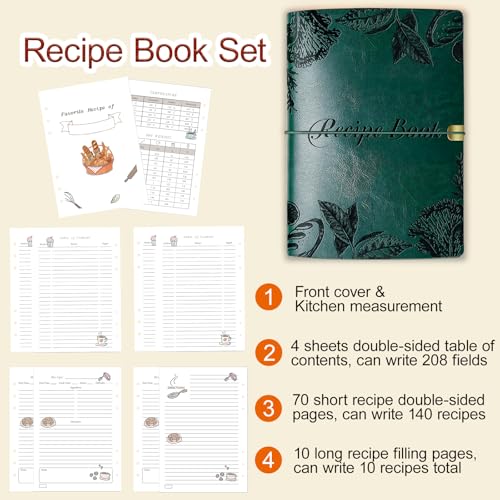 GoShambar Blank Recipe Book To Write In Your Own Recipes, Leather Recipe Notebook, Recipe Journal Hold 150 Recipes(Long Recipes & Short Recipes) (Green) - Image 3
