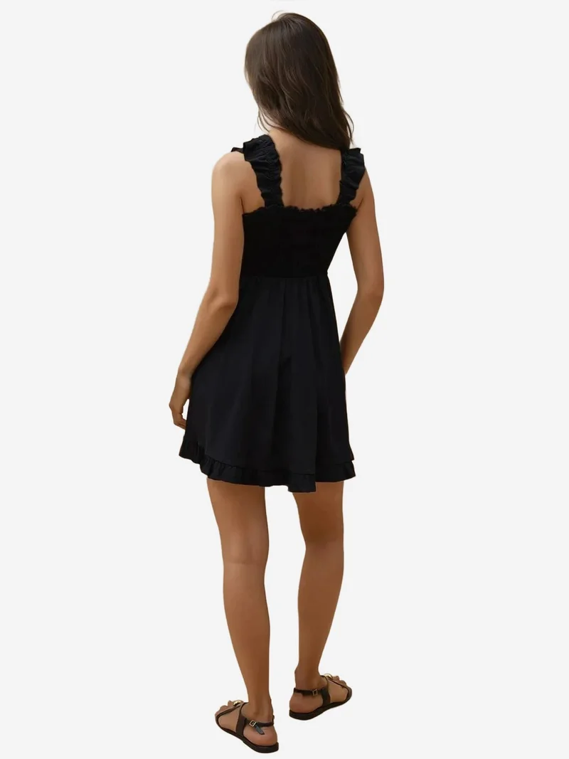 Hiccup Black Textured Mini Dress with Square Collar for Women | Best Price UAE