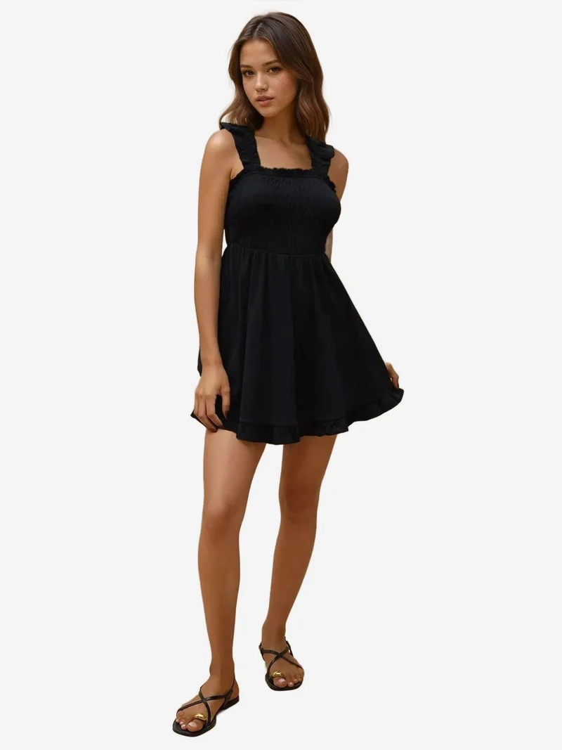 Hiccup Black Textured Mini Dress with Square Collar for Women | Best Price UAE