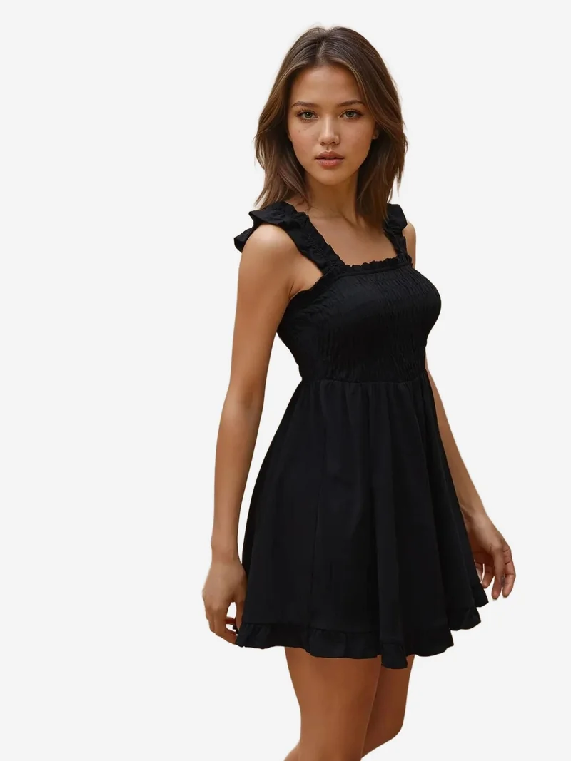 Hiccup Black Textured Mini Dress with Square Collar for Women | Best Price UAE