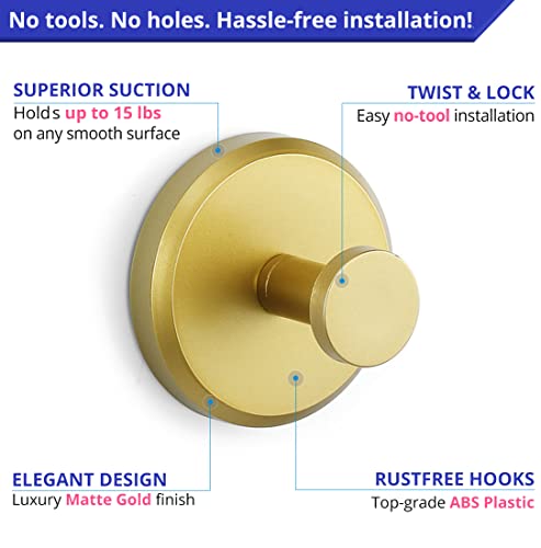 HOME SO Suction Cup Hooks for Shower, Bathroom, Kitchen, Glass Door, Mirror, Tile – Loofah, Towel, Coat, Bath Robe Hook Holder for Hanging up to 15 lbs – Waterproof, Matte Brushed Satin Gold (2-Pack) - Image 5