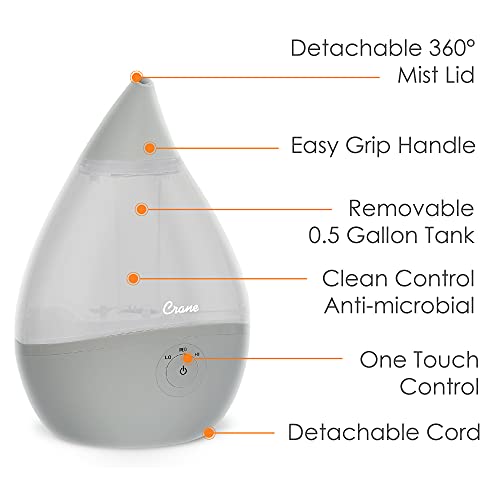 Crane Teardrop Ultrasonic Cool Mist Baby Humidifier for Nursery, Essential Oil Diffuser, Adjustable Settings, Auto Shut-Off, Grey, 0.5 Gallon - Image 3