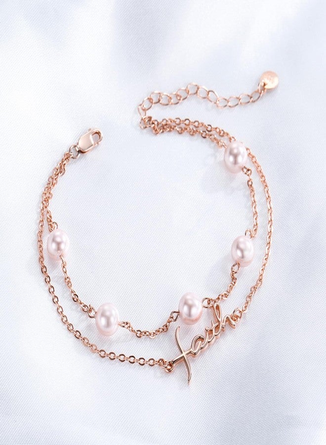 PRAYMOS Faith Bracelet for Women Pearl Bracelets for Women Dainty Freshwater Pearl Bracelet Double Chain Christian Religious Confirmation Jewelry Gifts for Women - Image 2