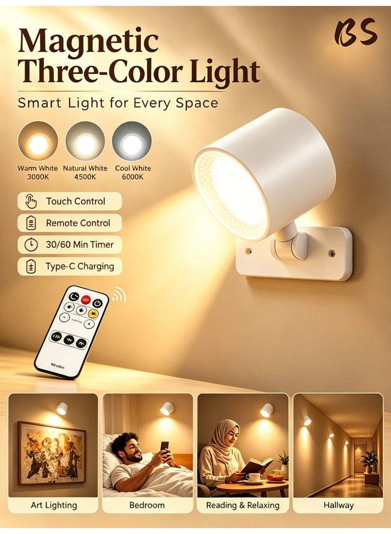 BS 2000mAh Rotatable LED Art Light | Night light, wall art light, fill light, magnetic vanity mirror light, touch-controlled lamp, detachable cabinet light | Supports 3 color temperatures and 3 brightness levels | Suitable for display lighting on picture frames, in art galleries, and for cabinets, bedside mirrors, bathrooms, etc. - Image 1