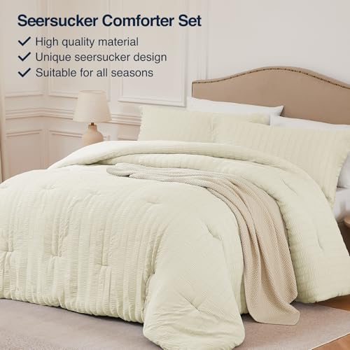 Quataly Queen Comforter Set Cream,3PCS Seersucker Lightweight Bedding Comforter for All Season, Queen Size(90''×90'' Comforter & 2 Pillowcases) - Image 2