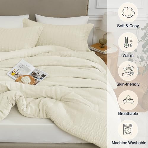 Quataly Queen Comforter Set Cream,3PCS Seersucker Lightweight Bedding Comforter for All Season, Queen Size(90''×90'' Comforter & 2 Pillowcases) - Image 3
