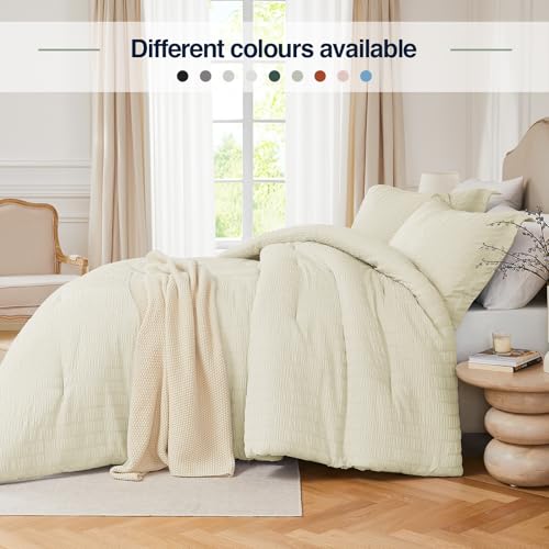 Quataly Queen Comforter Set Cream,3PCS Seersucker Lightweight Bedding Comforter for All Season, Queen Size(90''×90'' Comforter & 2 Pillowcases) - Image 5