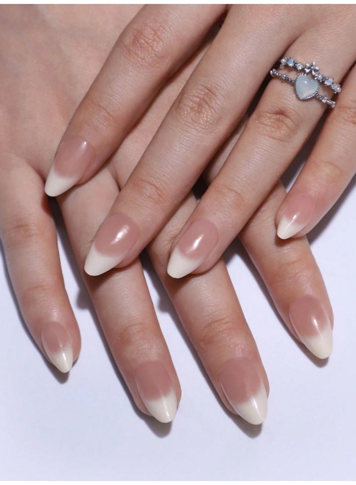 Shein 24-Piece Almond Shape Press-On Nail Set – Nude to Milky White + Nail Buffing Block & Gel Nail Supplies