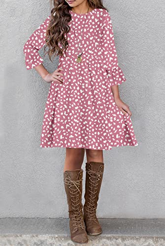 HOSIKA Girls Long Sleeve Dress Vintage Floral Leopard Print Pleated Casual Loose Flowy Twirly Dress for Kids 12 Years Pink XL - Image 4
