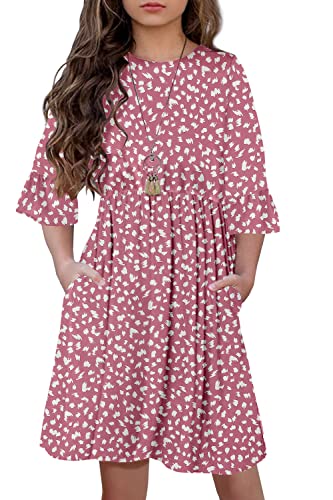 HOSIKA Girls Long Sleeve Dress Vintage Floral Leopard Print Pleated Casual Loose Flowy Twirly Dress for Kids 12 Years Pink XL - Image 5