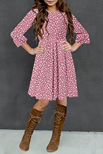 HOSIKA Girls Long Sleeve Dress Vintage Floral Leopard Print Pleated Casual Loose Flowy Twirly Dress for Kids 12 Years Pink XL - Image 2