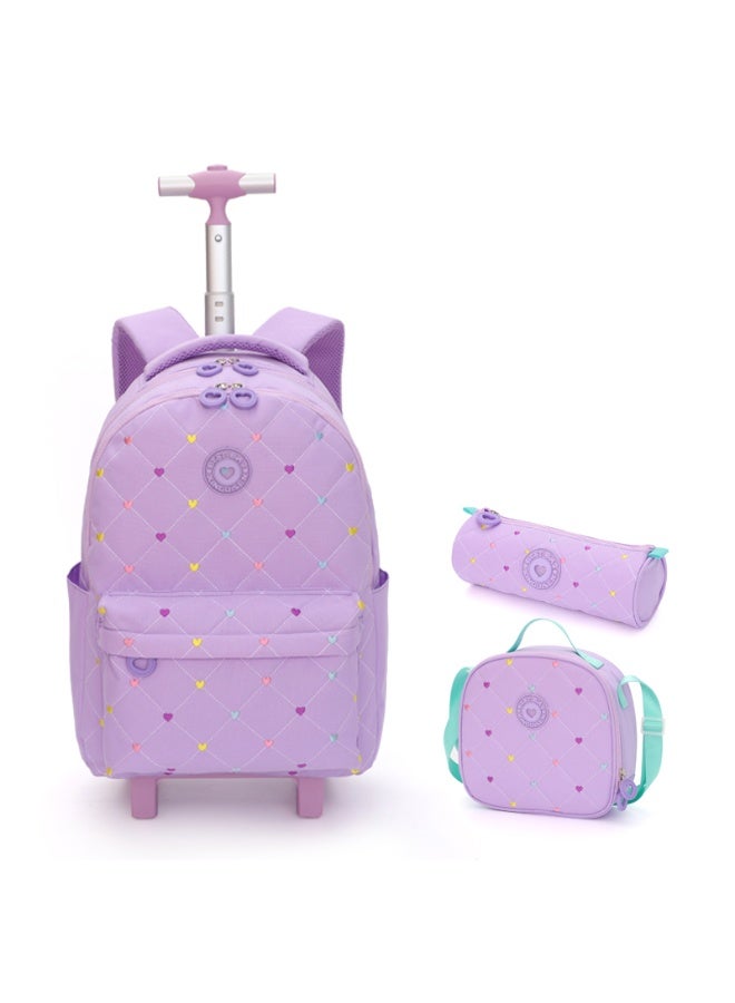 3-in-1 Girls School Bag with Wheels – Waterproof Cartoon Wheeled Trolley Backpack with Lunch Bag & Soft Handle - Purple - Image 1