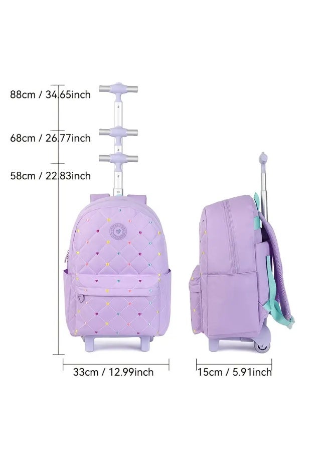 3-in-1 Girls School Bag with Wheels – Waterproof Cartoon Wheeled Trolley Backpack with Lunch Bag & Soft Handle - Purple - Image 2