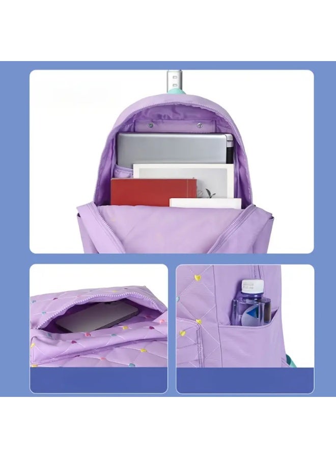 3-in-1 Girls School Bag with Wheels – Waterproof Cartoon Wheeled Trolley Backpack with Lunch Bag & Soft Handle - Purple - Image 3