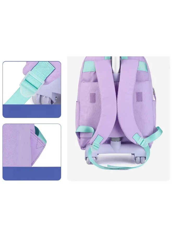 3-in-1 Girls School Bag with Wheels – Waterproof Cartoon Wheeled Trolley Backpack with Lunch Bag & Soft Handle - Purple - Image 4