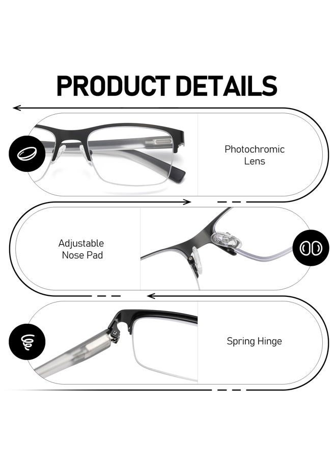 PUBOWT Photochromic Reading Glasses Men Blue Light Readers Wide Metal Half Frame Style Sun Tinted Eyewear 2pcs Black Gun + 1.5 Strength - Image 5