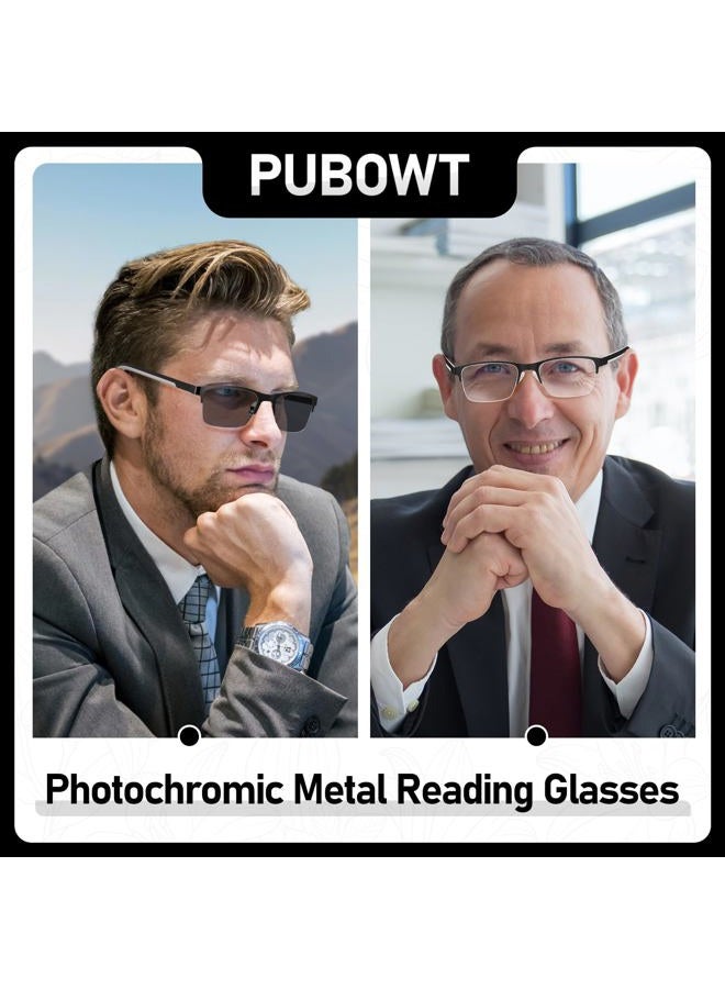 PUBOWT Photochromic Reading Glasses Men Blue Light Readers Wide Metal Half Frame Style Sun Tinted Eyewear 2pcs Black Gun + 1.5 Strength - Image 3