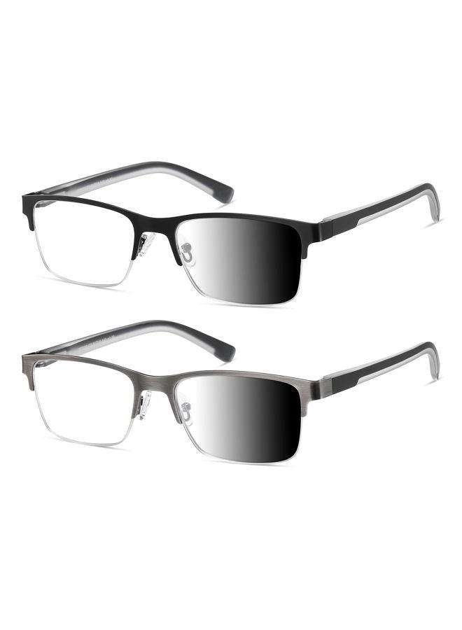 PUBOWT Photochromic Reading Glasses Men Blue Light Readers Wide Metal Half Frame Style Sun Tinted Eyewear 2pcs Black Gun + 1.5 Strength - Image 1