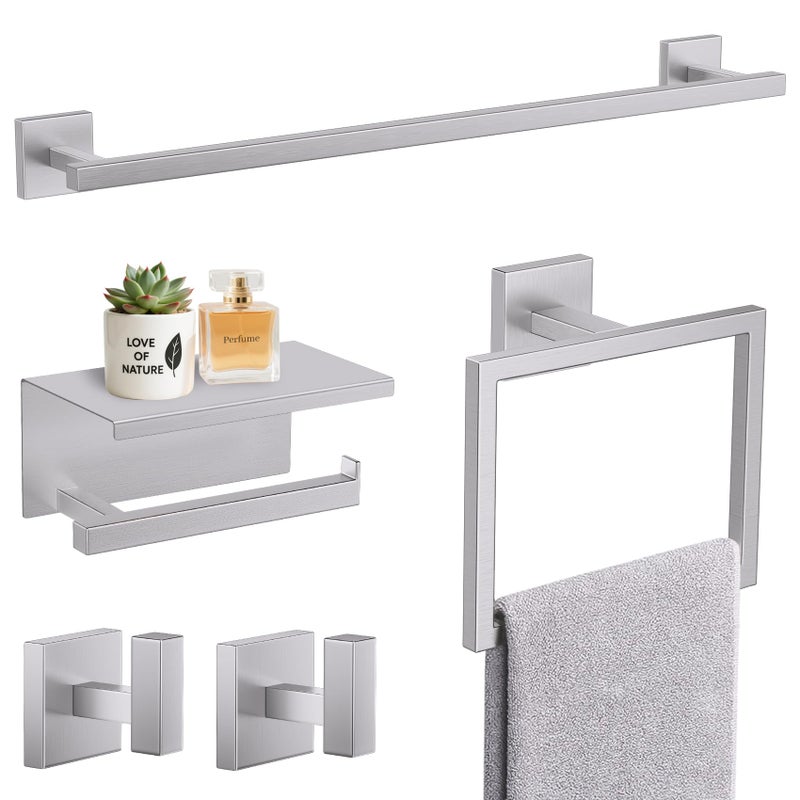 TURS 5-Pieces Brushed Nickel Bathroom Hardware Accessories Set 23.6" Towel Bar Set Wall Mounted Square Toilet Paper Holder with Shelf Stainless Steel - Image 1