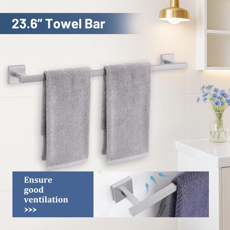 TURS 5-Pieces Brushed Nickel Bathroom Hardware Accessories Set 23.6" Towel Bar Set Wall Mounted Square Toilet Paper Holder with Shelf Stainless Steel - Image 2