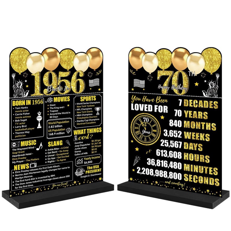 Guiruiy Black Gold 70th Birthday Decorations for Men Women, Two-Sided Vintage 70 Back in 1956 Theme Poster Wooden Table Sign with Stand, Seventy Years Old Bday Centerpieces Holder for Table Decor - Image 1