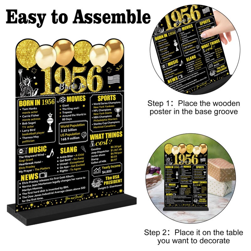 Guiruiy Black Gold 70th Birthday Decorations for Men Women, Two-Sided Vintage 70 Back in 1956 Theme Poster Wooden Table Sign with Stand, Seventy Years Old Bday Centerpieces Holder for Table Decor - Image 3