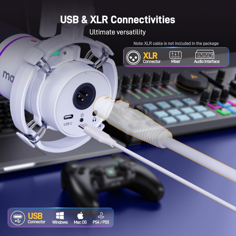 Maono ماونو ميكروفون ديناميكي XLR/USB، ميكروفون بودكاست RGB مع برنامج، زر كتم، زر زيادة الصوت، تحكم في مستوى الصوت، ذراع متحركة للبث، الألعاب، التعليق الصوتي، التسجيل - PD200XS أبيض - Image 3