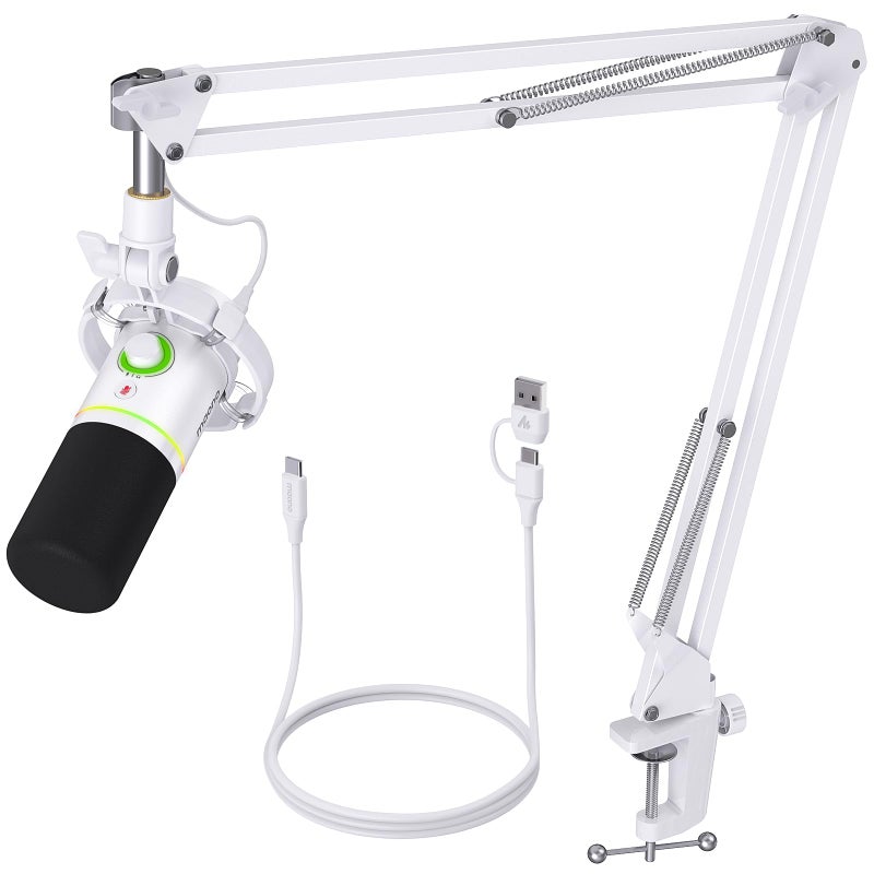 Maono ماونو ميكروفون ديناميكي XLR/USB، ميكروفون بودكاست RGB مع برنامج، زر كتم، زر زيادة الصوت، تحكم في مستوى الصوت، ذراع متحركة للبث، الألعاب، التعليق الصوتي، التسجيل - PD200XS أبيض - Image 1