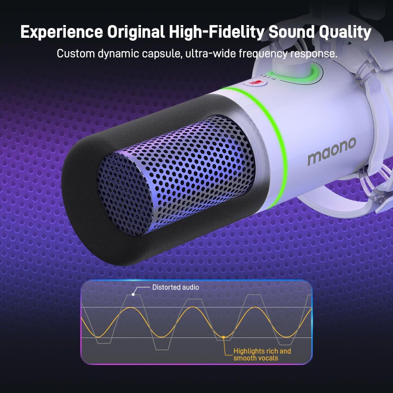 Maono ماونو ميكروفون ديناميكي XLR/USB، ميكروفون بودكاست RGB مع برنامج، زر كتم، زر زيادة الصوت، تحكم في مستوى الصوت، ذراع متحركة للبث، الألعاب، التعليق الصوتي، التسجيل - PD200XS أبيض - Image 2