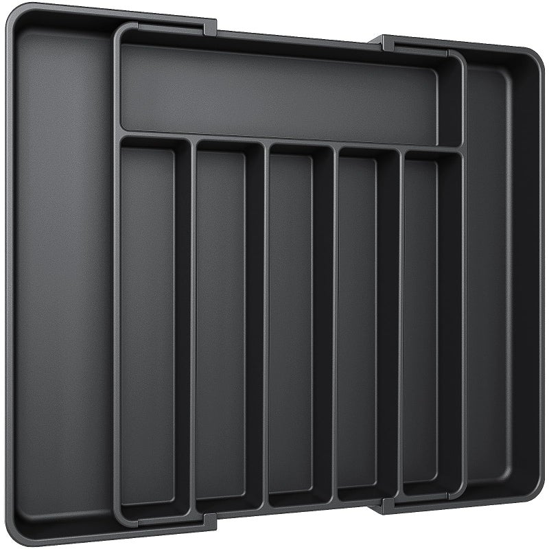 Aujen Silverware Organizer - Expandable Kitchen Drawer Organizer, Adjustable Utensil Organizer, Cutlery Tray for Forks, Knives, Multipurpose Kitchen Organizers and Storage Solution, Black, Large - Image 1