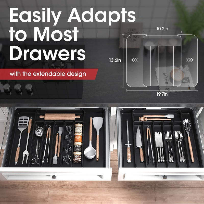Aujen Silverware Organizer - Expandable Kitchen Drawer Organizer, Adjustable Utensil Organizer, Cutlery Tray for Forks, Knives, Multipurpose Kitchen Organizers and Storage Solution, Black, Large - Image 5