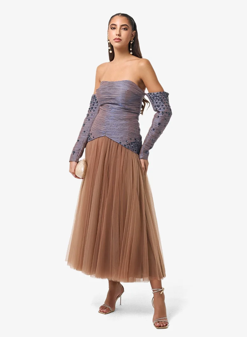 Threadz by Ajooni Two Tone Off-Shoulder Midi Dress