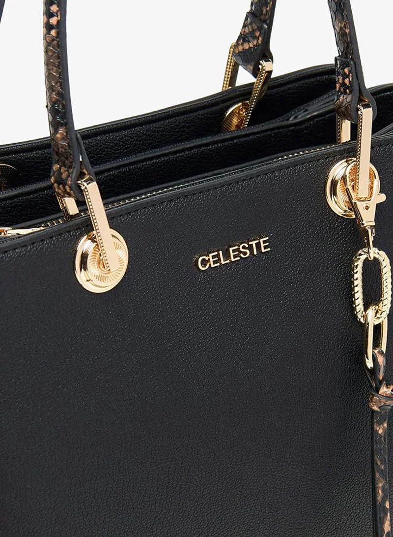 Celeste BLACK Women Solid Tote Bag with Detachable Strap and Zip Closure for Women | Best Price UAE