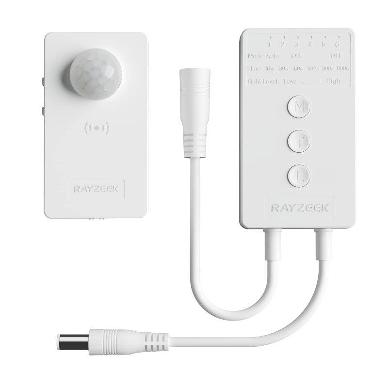 RAYZEEK Wireless Motion Sensor Controller Kit No Wiring Mini PIR Sensor Switch 1224VDC RF Wireless Control Led Strip Lights with Dimmable Timer for Stairway