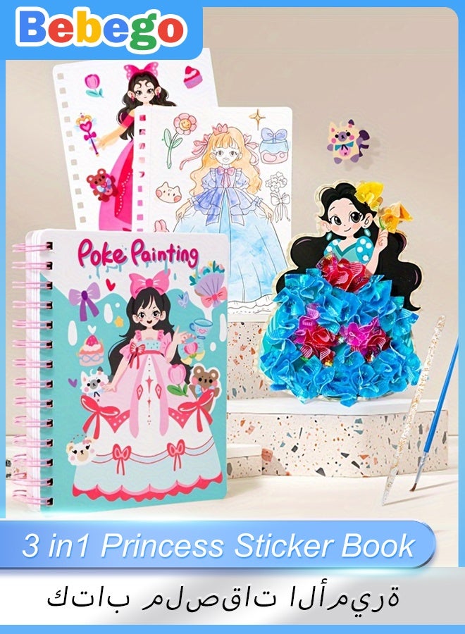 BEBEGO 3 in 1 Princess Sticker Book for Magic Watercolor Painting & Poke Art & Dress Up Activity, DIY Fabric Art Crafts Toys Eid al-Fitr Gift for Ages 4 5 6 7 8+ - Image 1