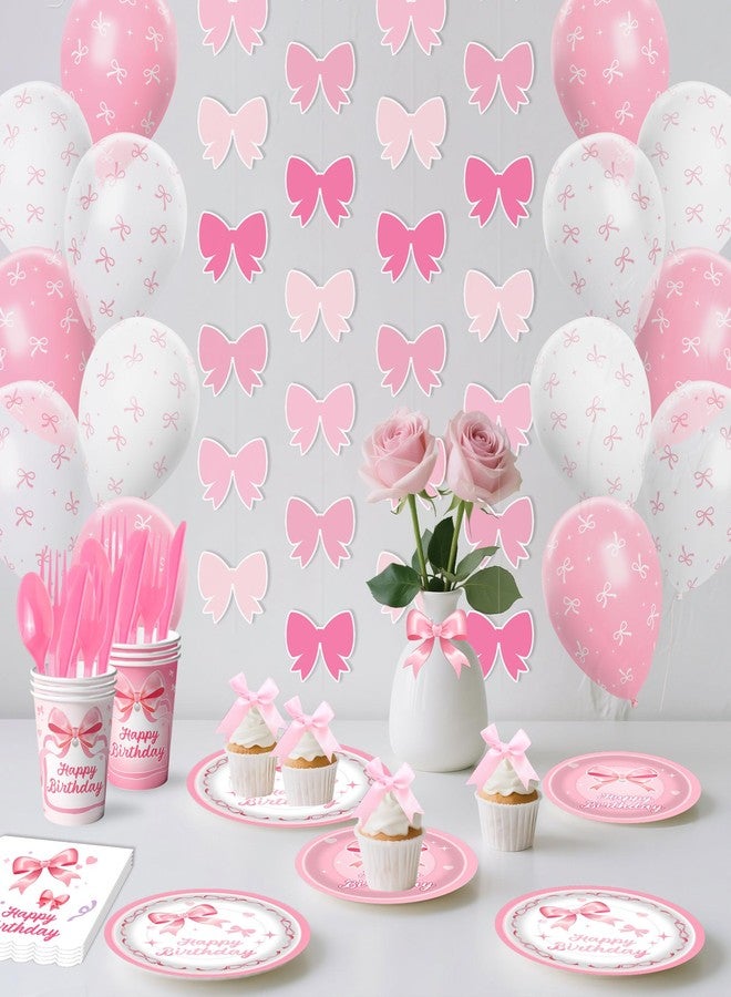 DMIGHT 206PCS Pink Bow Birthday Party Supplies Serve 24, Coquette Birthday Decorations Includes Bow Banner Garland, Hanging Swirls, Backdrops,Tablecloth, Plates for Girls Bachelorette Party Decor - Image 5