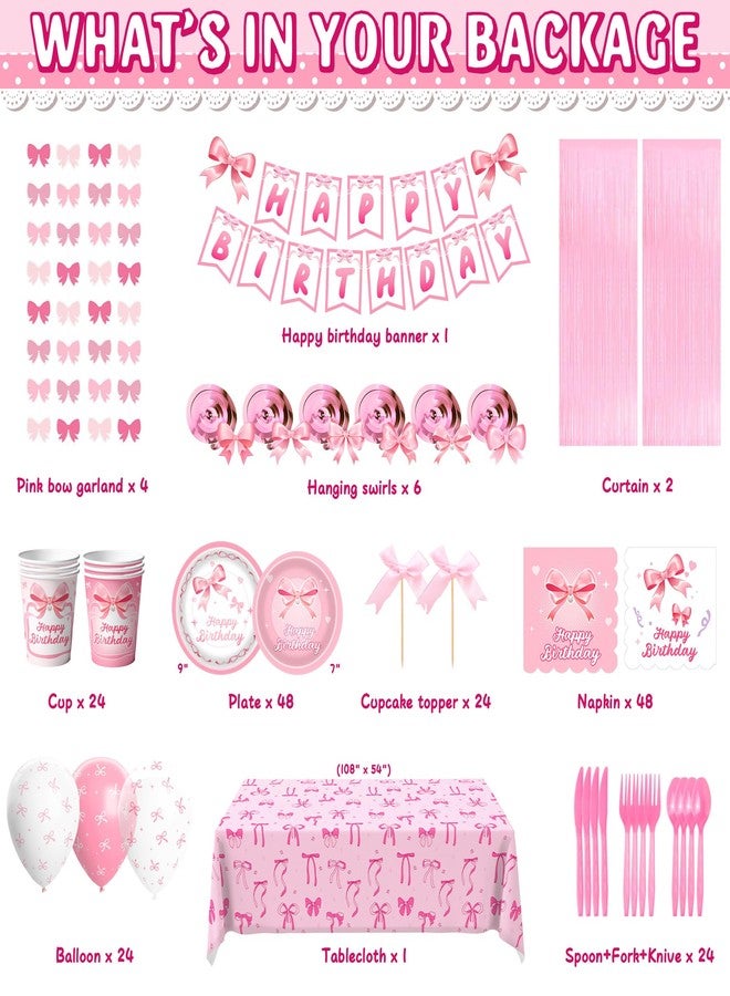 DMIGHT 206PCS Pink Bow Birthday Party Supplies Serve 24, Coquette Birthday Decorations Includes Bow Banner Garland, Hanging Swirls, Backdrops,Tablecloth, Plates for Girls Bachelorette Party Decor - Image 2